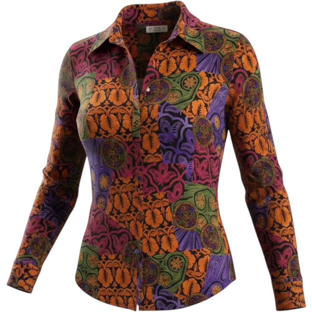 Vintage Tess Patchwork Print Blouse Long Sleeve Button Down Multi Color Size 6
